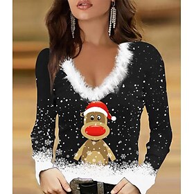 Women's T-Shirt Festive Reindeer Long Sleeve V-Neck Plush Collar Holiday Party Casual Winter Top Black Snowflake Print