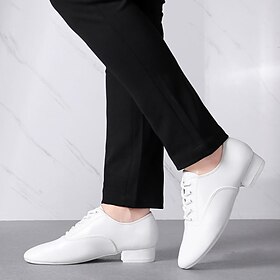 Men's White Faux Leather Lace-Up Ballroom Dance Shoes  Low Heel Performance Footwear for Latin, Waltz  Practice Sessions