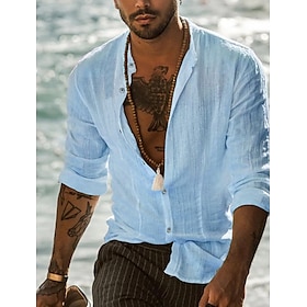 Hombre Camisa De Lino Camisa De Verano Camisa De Playa Negro Blanco Azul Claro Manga Larga Color Sólido Henley Primavera  Otoño Calle Diari