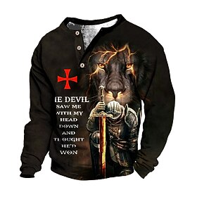 Men's Sweatshirt Pullover Button Up Hoodie Black Brown Coffee Henley Collar Lion Knights Templar Graphic Prints Print Casual Daily Sports 3D Print Designer Cas