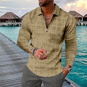 Men's Polo Shirt Golf Shirt Plaid Turndown Sea Blue Blue Orange Brown Green 3D Print Outdoor Street Long Sleeve Zipper Print Clothing Apparel Fashion Designer
