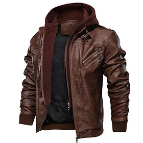 Men's Faux Leather Jacket Biker Jacket Hoodie Jacket Outdoor Daily Thermal Warm Windproof Pocket Fall Solid Color Sporty Casual Stand Collar Regular Black Brow