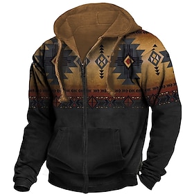 Thanksgiving Native American Print Hoodie Mens Graphic Full Zip Jacket Black Hooded Color Block Prints Zipper Sports  Outdoor Daily 3D Stre