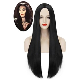 The Addams Family Wig Synthetic Wig Middle Part Wig Long Natural Black #1B Synthetic Hair Adjustable Heat Resistant Synthetic Halloween Wigs