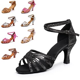 Women's Black Glitter Latin Dance Shoes  Strappy Open-Toe Ballroom Heels with Ankle Strap and Comfortable Suede Sole, Perfect for Salsa, Latin, and Tango Danc
