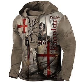 Men's Pullover Hoodie Sweatshirt Pullover Black Blue Brown Khaki Hooded Knights Templar Graphic Prints Cross Print Lace Up Casual Daily Spo