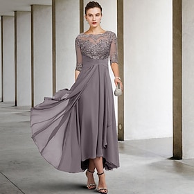 A-Line Mother Of The Bride Dress Wedding Guest Elegant Plus Size High Low V Neck Asymmetrical Ankle Length Chiffon Lace Half Sleeve With Be