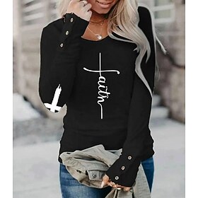 Women's T Shirt BurgundyTee Buttons Long Sleeve Regular Tops Round Neck Casual Black White Wine Fall Winter faith