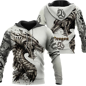 Dragon Hoodie Mens Graphic Pullover Sweatshirt White Hooded Animal Prints Daily Sports 3D Basic Streetwear Designer Spring  Fall Cotton Pri