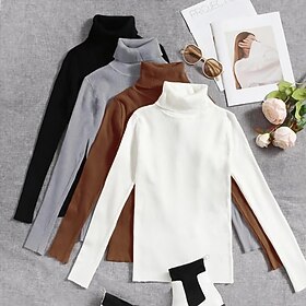 Women's Pullover Sweater Jumper Turtleneck Ribbed Knit Spandex Knitted Thin Fall Winter Daily Basic Casual Long Sleeve Solid Color caramel Black White 2XL / 3X