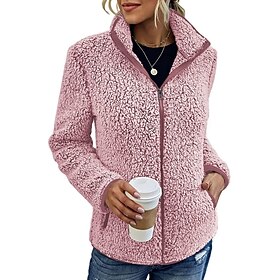 Women's Zip Up Sweatshirt Fleece Jacket Fleece Solid Color Vintage Teddy Sherpa Fleece Pocket Zip Up Black Pink Navy Blue Street Casual V Neck Long Sleeve Top