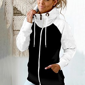 Women's Zip Up Hoodie Sweatshirt Color Block Basic Pocket Drawstring Zip Up White Light Green Pink Street Casual Turtleneck Long Sleeve Top Micro-elastic Fall