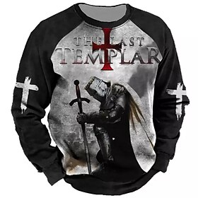 Men's Sweatshirt Pullover Green Black Blue Purple Brown Crew Neck Letter Knights Templar Graphic Prints Patchwork Print Daily Sports Holiday 3D Print Streetwea