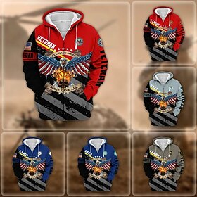 Men's Full Zip Hoodie Jacket Red Blue Brown Gray Hooded Graphic Prints Eagle Zipper Print Sports Outdoor Daily Sports 3D Print Streetwear Casual Spring Fall