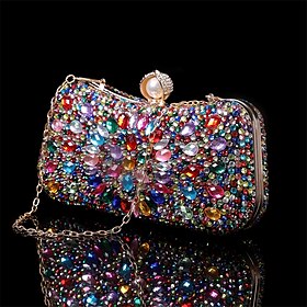 Women's Multicolor Crystal Evening Clutch  Luxury Rhinestone Handbag with Pearl Clasp and Chain Strap for Gala, Wedding, and Formal Events