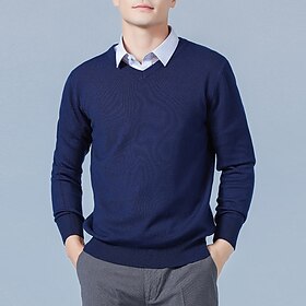 Men's Sweater Wool Sweater Pullover Ribbed Knit Cropped Knitted Solid Color V Neck Keep Warm Modern Contemporary Work Daily Wear Clothing Apparel Fall  Winter
