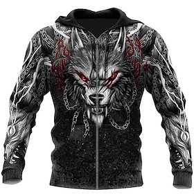 Herren Kapuzenshirt Mit Durchgehendem Reißverschluss Jacke Schwarz Mit Kapuze Tier Wolf Grafik-Drucke Bedruckt Zip Sport  Natur Täglich Spo