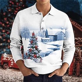 Men's Polo Shirt Golf Shirt Tree Graphic Prints House Turndown Yellow Blue Purple Green Gray 3D Print Christmas Street Long Sleeve Print Bu