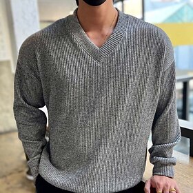 Men's Sweater Pullover Sweater Jumper Ribbed Knit Cropped Knitted Solid Color V Neck Keep Warm Modern Contemporary Work Daily Wear Clothing Apparel Fall  Winte