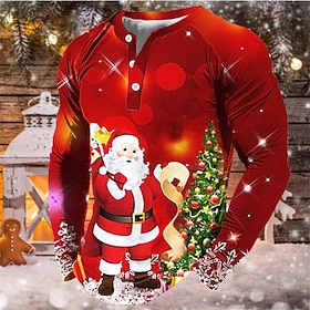 Christmas T Shirt Men's Henley Shirt T shirt Tee Tee Graphic Santa Claus Henley Green Blue Orange Red 3D Print Outdoor Christmas Long Sleeve Patchwork Button-D