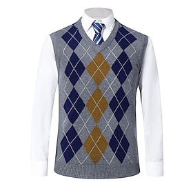 Men's Sweater Vest Dress Sweater Stylish Vintage Style Color Block Argyle Ribbed V Neck Patchwork Knitted Braided Drop Shoulder Sleeveless Knit Christmas Home