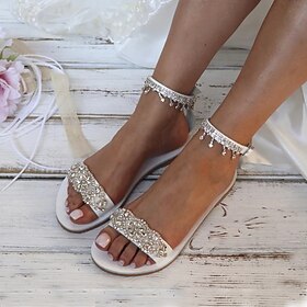 Women's White Rhinestone Flat Sandals  Elegant Bridal Beach Wedding Shoes with Ankle Strap