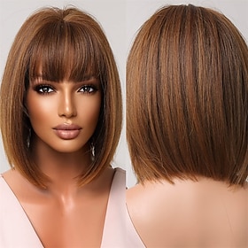 Brown Wigs for Women Short Bob Wigs with Bangs Synthetic Natural Hair Cute Cosplay Wig