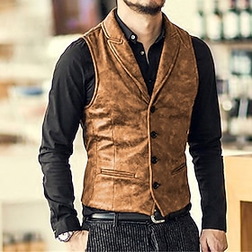 Men's Suede Vest Wedding Street Holiday Going out Vintage Style Casual Fall Winter Pocket Suede Warm Pure Color Single Breasted V Neck Regular Fit Black Brown
