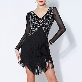 Latin Dance Dress Tassel Splicing Crystals / Rhinestones Women's Performance Training Long Sleeve Mesh Spandex