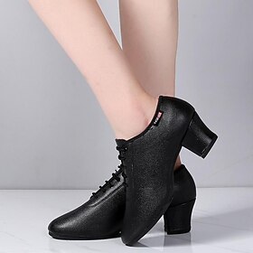 Women's Black Lace-Up Dance Shoes  PU Leather Latin Ballroom Practice Shoes with Low Heel, Comfortable  Durable for Professional Performance  Training