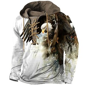 Men's Pullover Hoodie Sweatshirt Pullover Black And White White  Green White Blue Khaki Hooded Animal Graphic Prints Print Lace Up Casual D