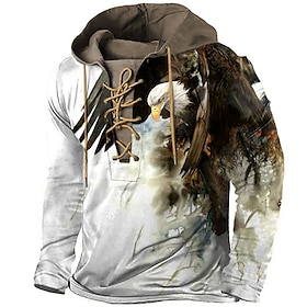 Men's Pullover Hoodie Sweatshirt Pullover Black And White White  Green White Blue Khaki Hooded Animal Graphic Prints Print Lace Up Casual D