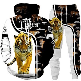 Herren Trainingsanzug Hoodies Set Weiß  Dunkelgrau Schwarz  Hellgrau Schwarz Gelb Hell Gray Mit Kapuze Graphic Tiger Bedruckt 2 Teilig Spor