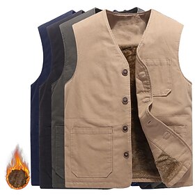 Men's Fleece Vest Gilet Outdoor Fishing Daily Wear To-Go Warm Ups Modern Contemporary Fall Winter Button Pocket 95% Cotton Soft Normal Comfortable Plain Single