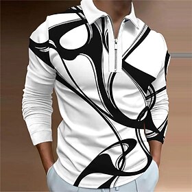 Men's Polo Shirt Golf Shirt Abstract Graphic Prints Turndown Black White Yellow Blue Sky Blue 3D Print Outdoor Street Long Sleeve Zipper Print Clothing Apparel