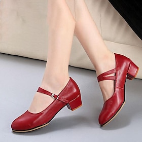 Women's Red Latin Dance Shoes  Leather Mary Jane Style with Chunky Heels and Adjustable Strap for Ballroom and Performance