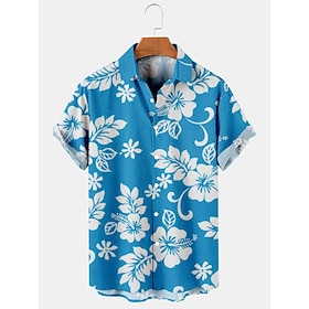 Men's Shirt Floral Graphic Prints Turndown Red Blue Purple Green 3D Print Street Casual Short Sleeves Button-Down Print Clothing Apparel Tropical Fashion Hawai