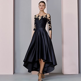 A-Line Mother Of The Bride Dress Wedding Guest Elegant High Low Scoop Neck Asymmetrical Tea Length Satin Lace 3/4 Length Sleeve With Pleats
