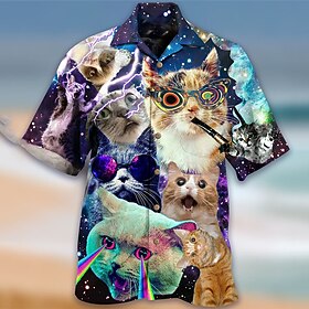 Men's Shirt Summer Hawaiian Shirt Animal Cat Graphic Prints Turndown White Blue Light Purple Purple Casual Hawaiian Short Sleeve Button-Down Print Clothing App