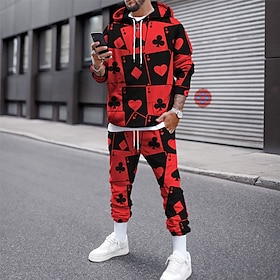 Men's Tracksuit Hoodies Set Black And White Light Yellow RedGray White Yellow Hooded Graphic Poker Print 2 Piece Sports  Outdoor Casual Spo
