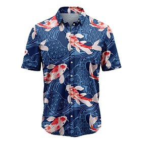 Men's Koi Shirt Summer Hawaiian Shirt Aloha Shirt Short Sleeves Shirt Turndown Tropical Fashion Hawaiian Street Casual Hawaiian Blue S M L
