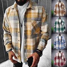 Men's Plaid Shirt Flannel Shirt Plaid Shirt Overshirt Long Sleeve Shirt Collar Outdoor Street Light Yellow Red Blue Green Print Button-Down Clothing Apparel Fa