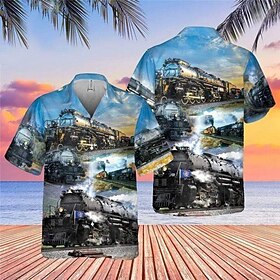 Men's Train Shirt Summer Hawaiian Shirt Aloha Shirt Short Sleeve Shirt Turndown Tropical Fashion Hawaiian Casual Hawaiian Holiday Blue S M L