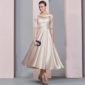 A-Line Mother Of The Bride Dress Wedding Guest Elegant Vintage Scoop Neck Tea Length Satin Lace Half Sleeve With Ruched Appliques 2024