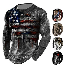 2026 250th Men's Patriotic Vintage Distressed Patriot Graphic 3D Print American Flag National Flag Veteran Crew Neck Long Sleeve T-Shirt