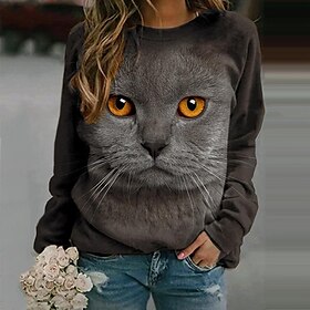 Dames Sweatshirt met capuchon leuke Style Sportkleding Casual Wit khaki Grijs Kat Hond Dagelijks geb