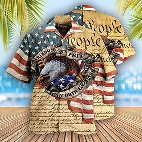 Men's Shirt Summer Hawaiian Shirt Graphic Prints Eagle American Flag Turndown Black White Yellow Light Green Pink Casual Hawaiian Short Sleeve Button-Down Prin