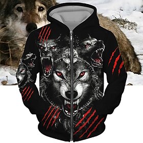 Men's Full Zip Hoodie Jacket Black Yellow Red Dark Gray Hooded Animal Wolf Graphic Prints Print Zipper Sports  Outdoor Daily Sports 3D Prin