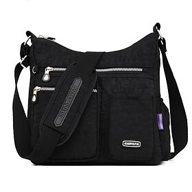 Black Nylon Crossbody Bag for Women  Lightweight Travel Shoulder Bag with Multiple Zipper Pockets