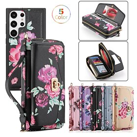 Phone Case For Samsung Galaxy S24 S23 S22 Plus Ultra Note 20 Ultra Wallet Case Wallet Mirror Zipper Flower TPU PC PU Leather